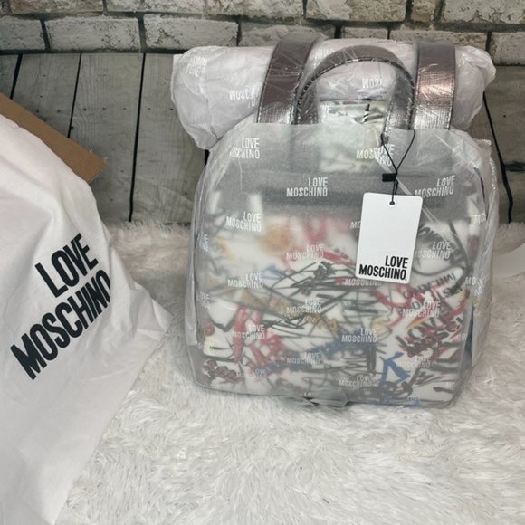 LOVE MOSCHINO White Graffiti Leather Backpack - Picture 5 of 15